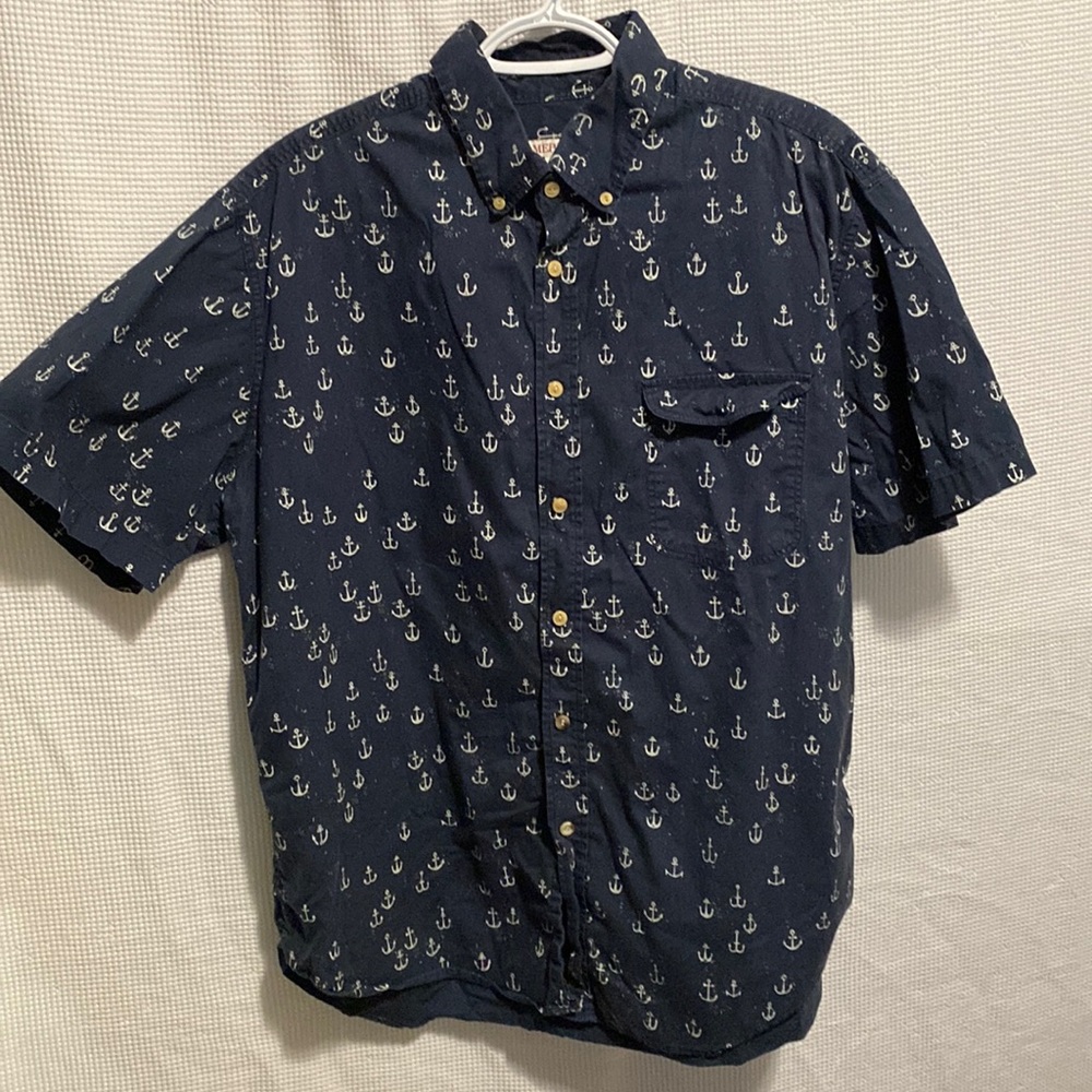 Merona Blue nautical anchor short sleeve button down shirt